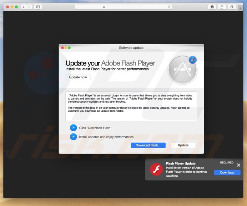 atualizador de flash player falso a distribuir adware da família Pirrit