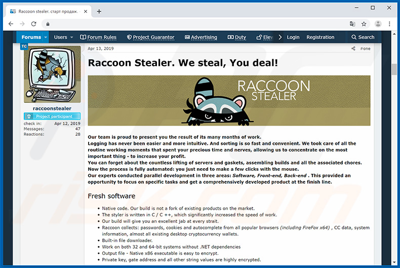  Os desenvolvedores que promovem o Raccoon Stealer no fórum de hackers