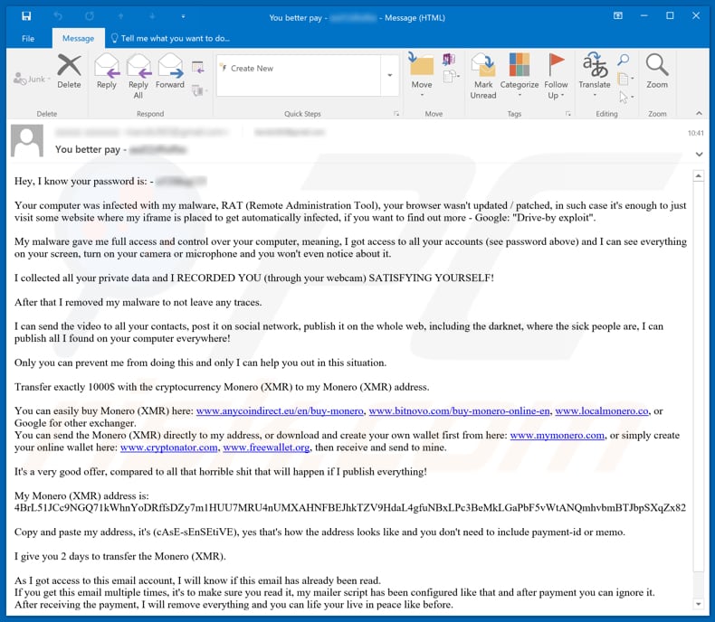 Campanha de spam de e-mail Sextortion (Monero)