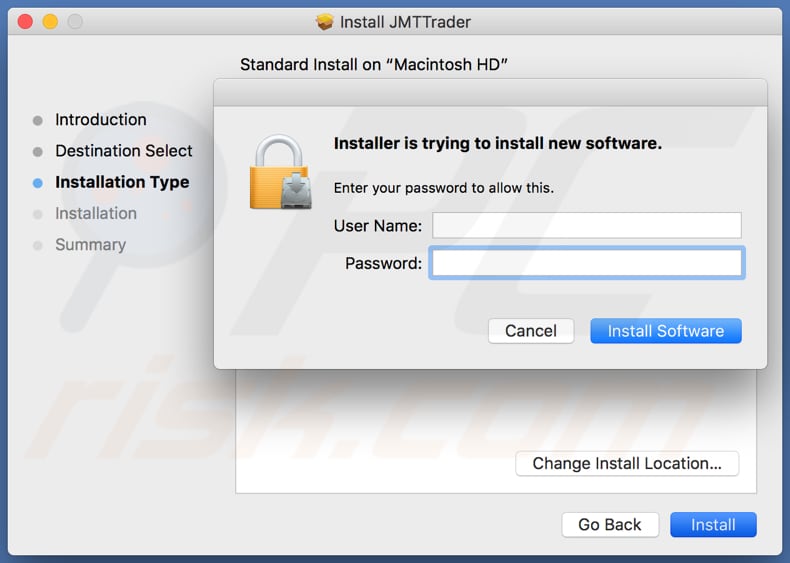 Instalador do JTM Trader a pedir permissões para instalar software adicional