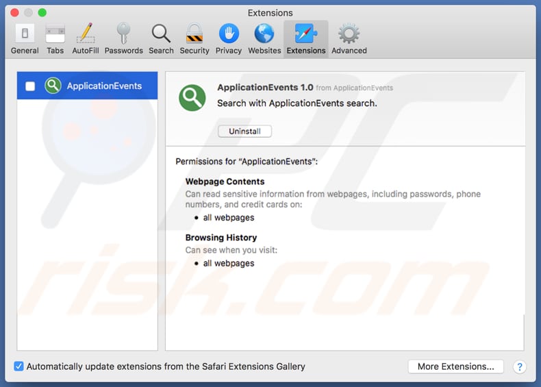 Extensão ApplicationEvents instalada no navegador Safari