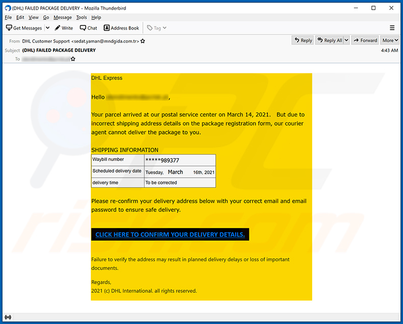 Email de spam com o tema DHL Express promovendo um site de phishing (2021-03-15)