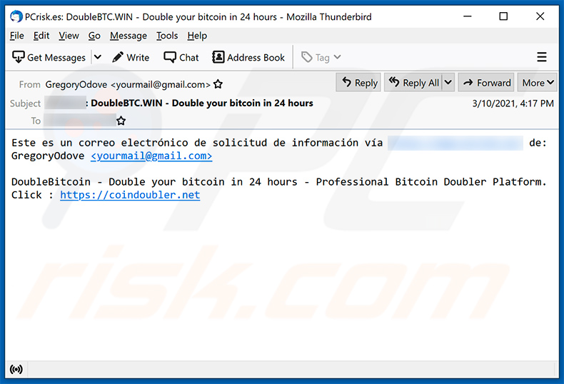 E-mail de spam usado para promover o site de fraudes do Double Your BTC (2021-03-15)