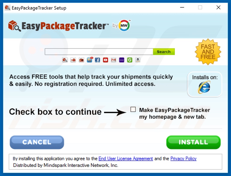 Configuração da instalação do sequestrador de navegador EasyPackageTracker