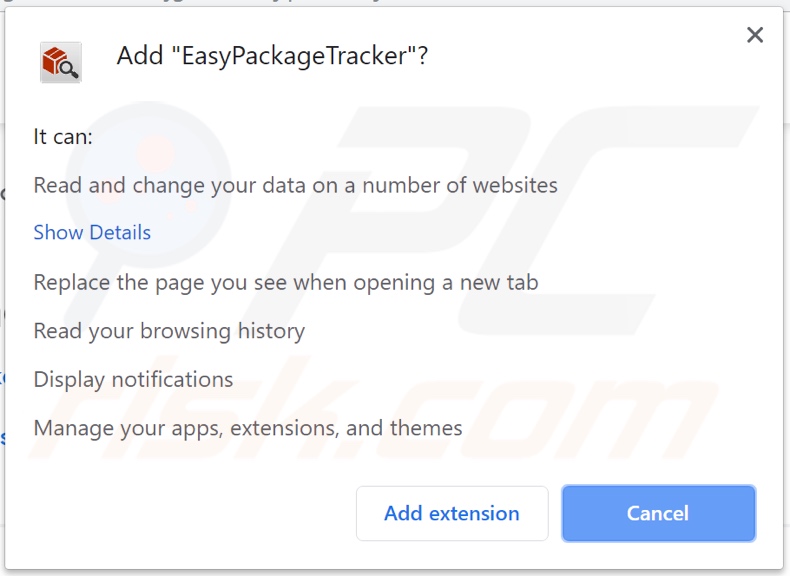 EasyPackageTracker a pedir permissões