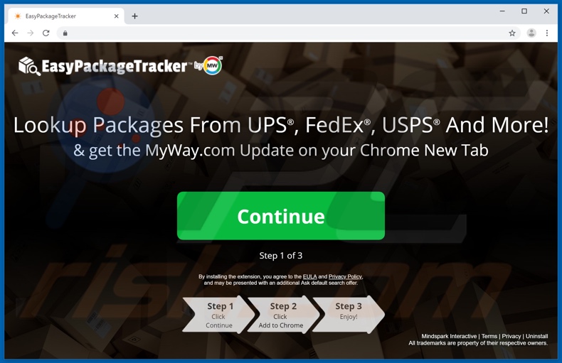 Site usado para promover o sequestrador de navegador EasyPackageTracker