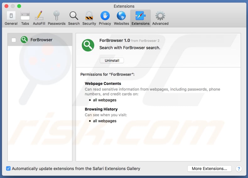 Adware ForBrowser instalado no Safari
