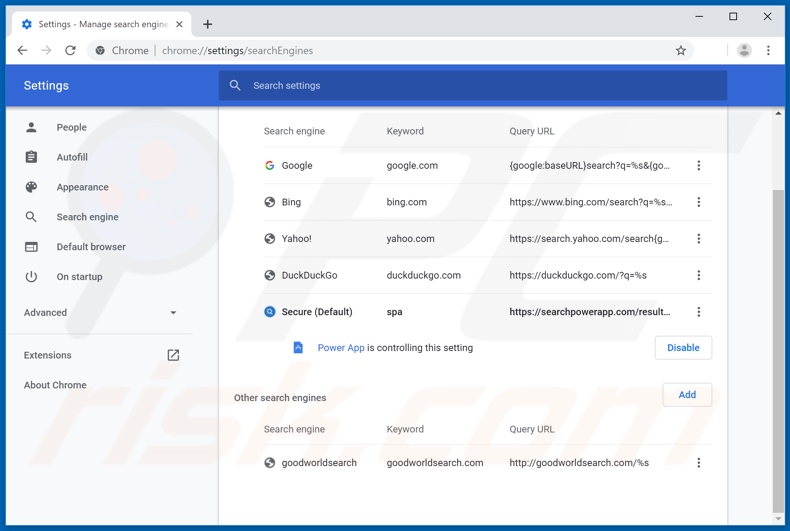 Removendo searchpowerapp.com do mecanismo de pesquisa padrão do Google Chrome
