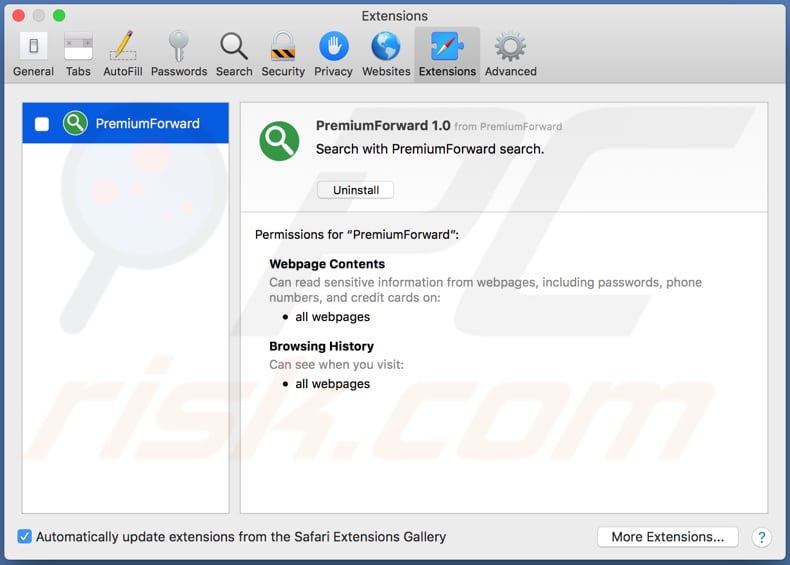 Adware PremiumForward instalado no navegador Safari