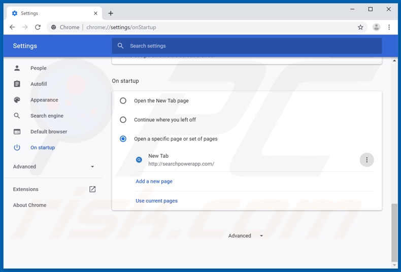 Removendo searchpowerapp.com da página inicial do Google Chrome