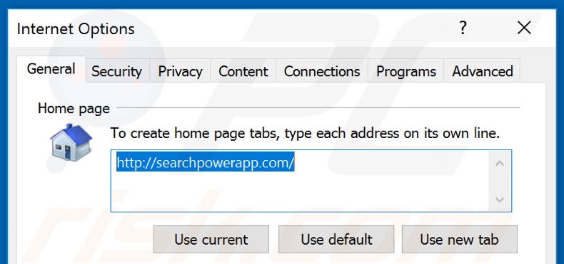Removendo searchpowerapp.com da página inicial do Internet Explorer