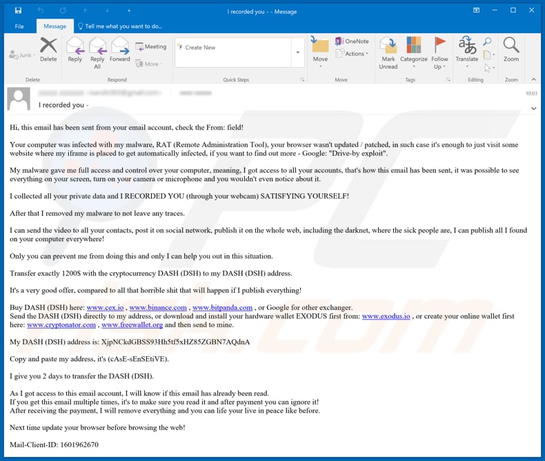 Campanha de spam por e-mail de extorsão (Dash)