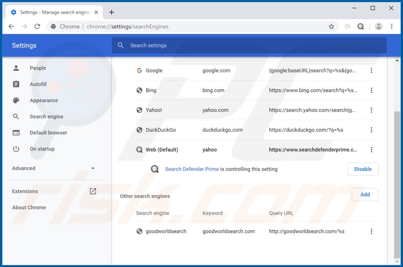 Remoção de precisionweathertoday.com do mecanismo de pesquisa padrão do Google Chrome