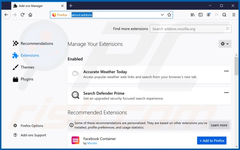 Removendo as extensões Mozilla Firefox relacionadas com precisionweathertoday.com