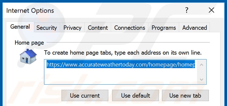 Removendo precisionweathertoday.com da página inicial do Internet Explorer