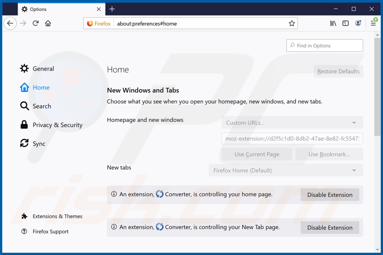 Removendo a página inicial search.betterconverterprotab.com do Mozilla Firefox