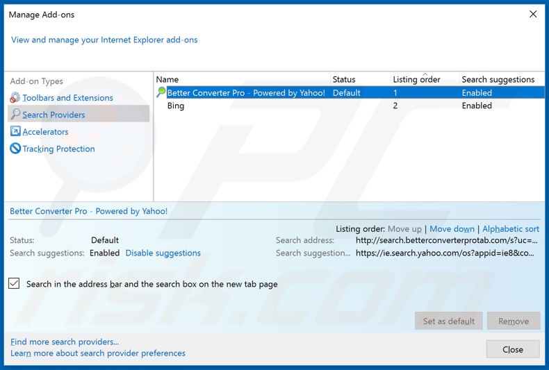 Removendo o search.betterconverterprotab.com do mecanismo de pesquisa padrão do Internet Explorer