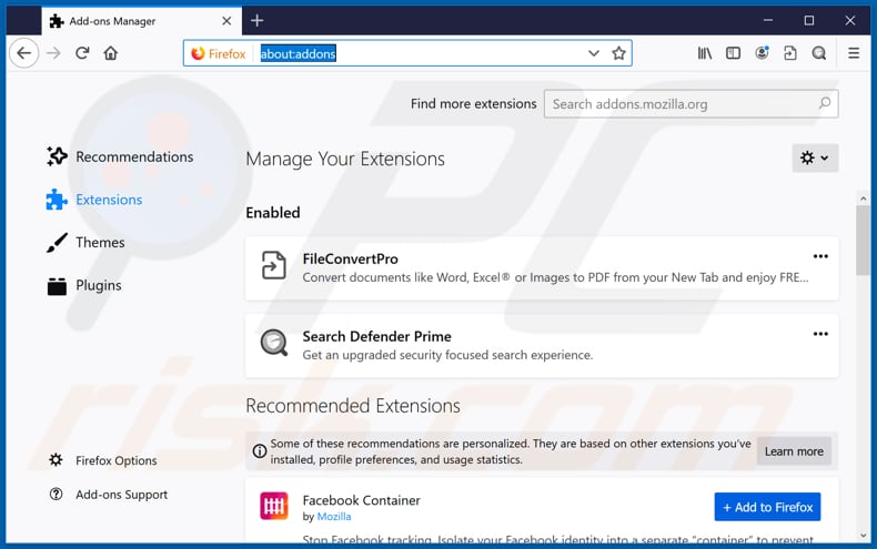 Removendo as extensões relacionadas a fileconvertpro.co do Mozilla Firefox