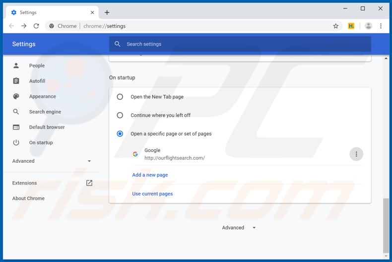 Removendo ourflightsearch.com da página inicial do Google Chrome