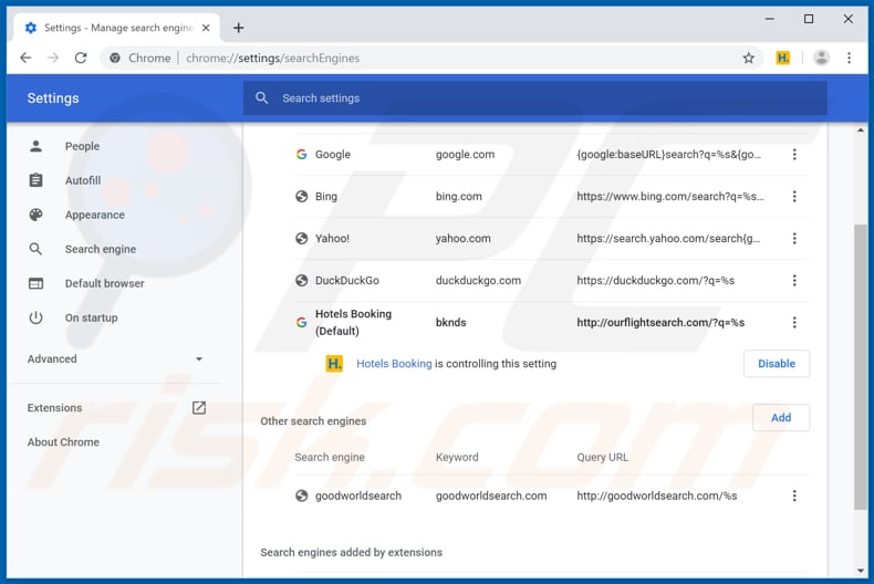 Removendo ourflightsearch.com do mecanismo de pesquisa padrão do Google Chrome