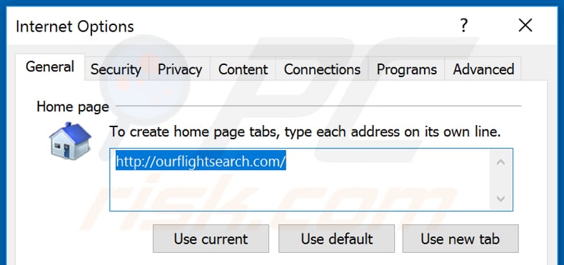 Removendo ourflightsearch.com da página inicial do Internet Explorer