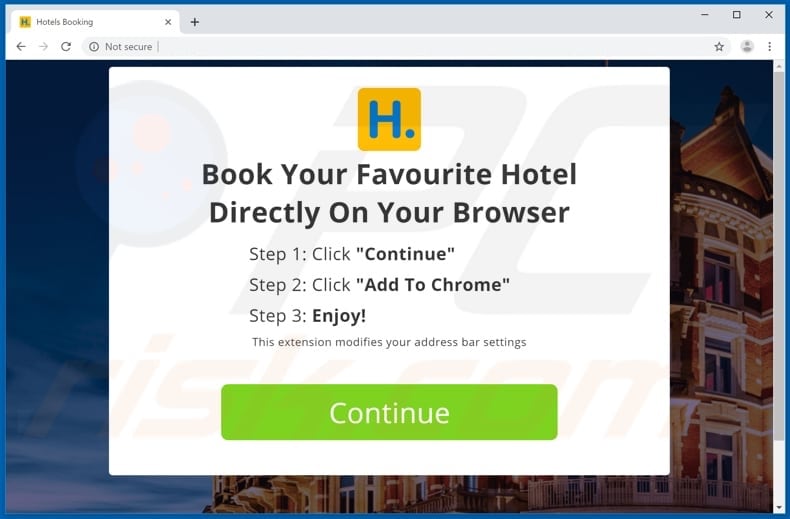 Site usado para promover o sequestrador de navegador de Hotels Booking