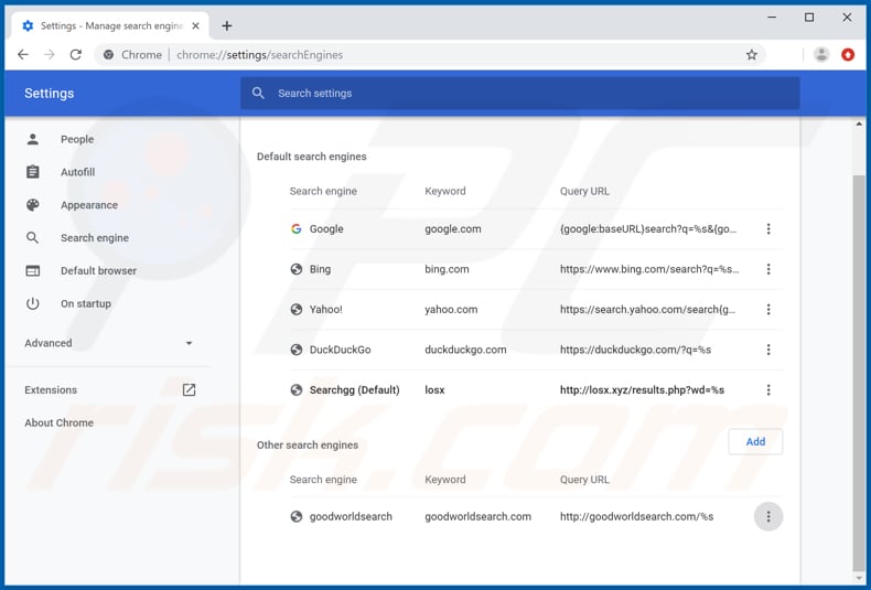 Removendo losx.xyz de motor de pesquisa padrão do Google Chrome