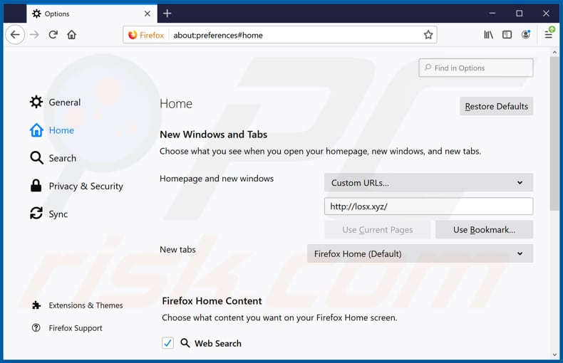 Removendo o losx.xyz da página inicial do Mozilla Firefox