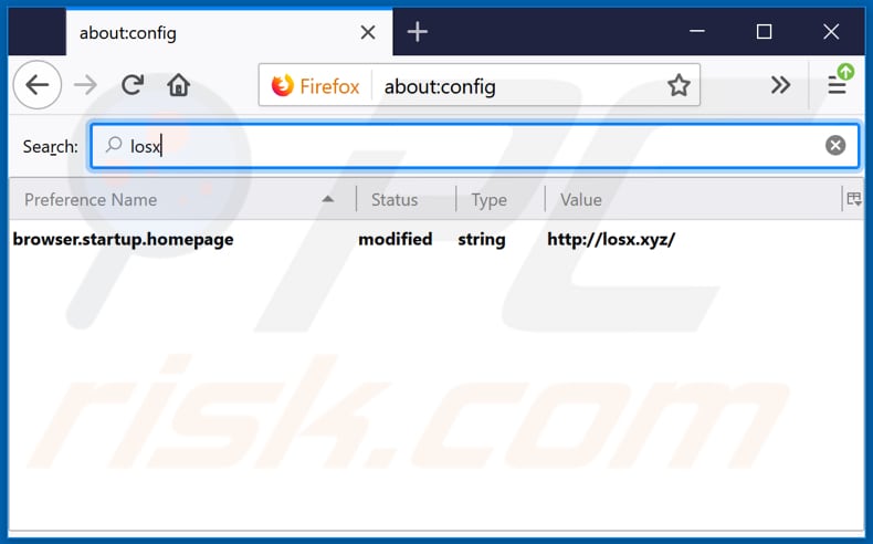 Removendo losx.xyz da página inicial e motor de pesquisa padrão do Mozilla Firefox.