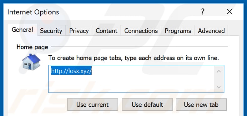 Removendo losx.xyz da página inicial do Internet Explorer