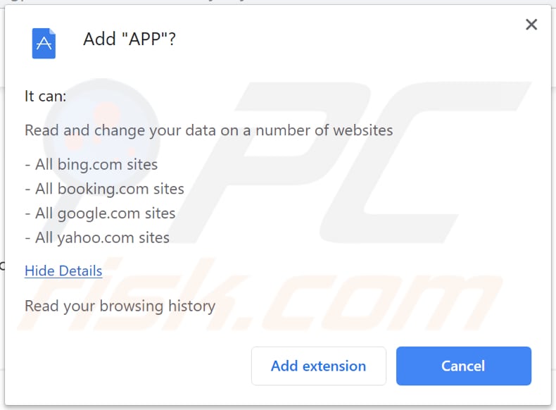 A APP solicita uma permissão para aceder dados no Chrome