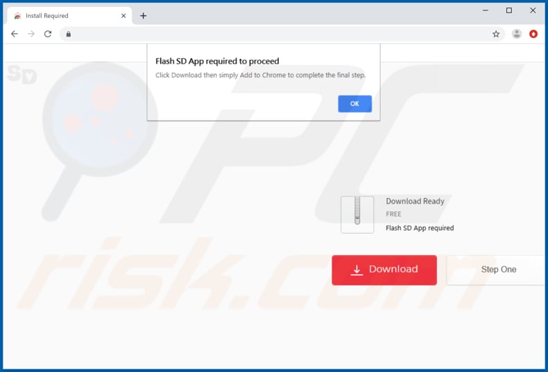 A página de descarregamento do losx.xyz incentiva a instalação da aplicação indesejada do Flash SD App A SDL solicita uma permissão para aceder dados no Mozilla Firefox