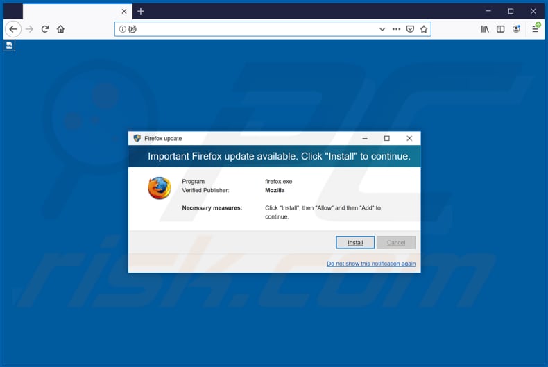 página fraudulenta incentiva os visitantes a usar o atualizador falso do Firefox