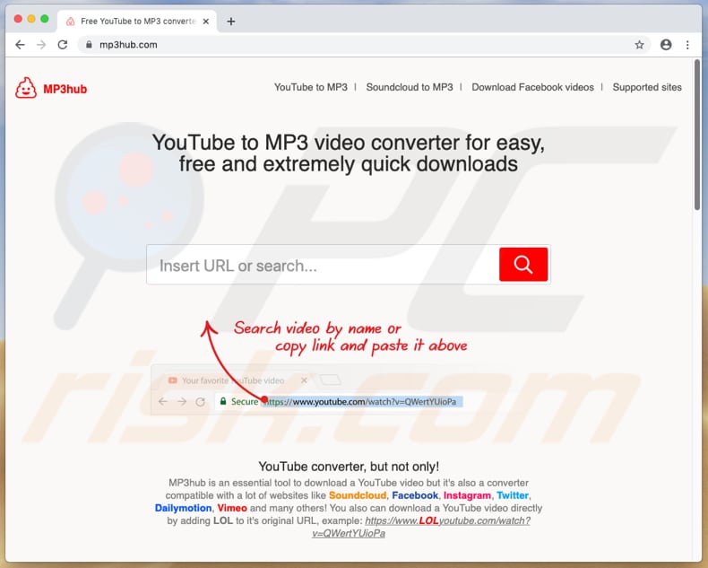 Redirecionamentos pop-up mp3hub[.]com