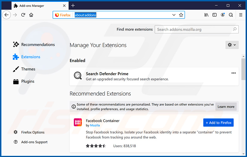 Removendo as extensões relacionadas a searchdefenderprime.com do Mozilla Firefox