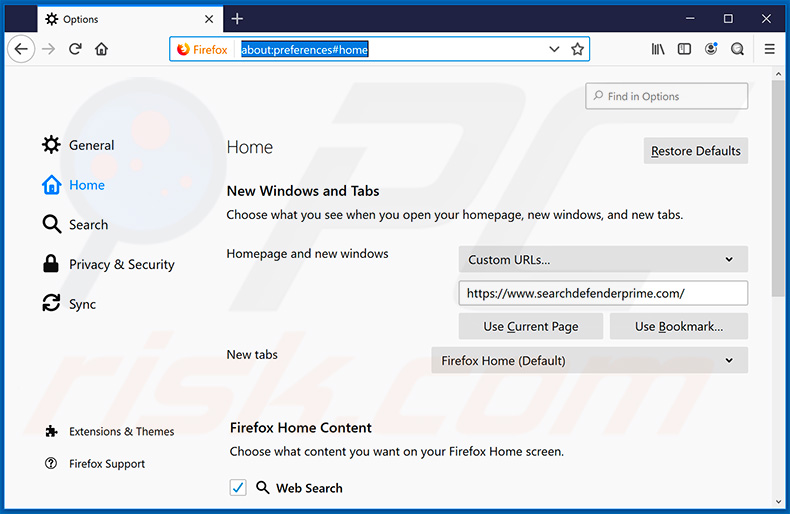 Removendo searchdefenderprime.com da página inicial do Mozilla Firefox