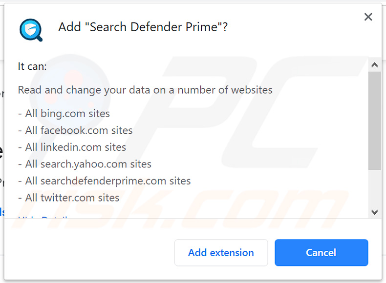 Official Search Defender Prime a pedir permissões do Google Chrome
