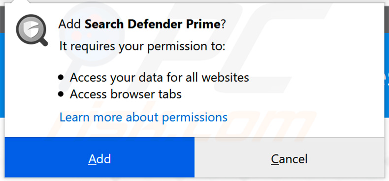 Official Search Defender Prime a pedir permissões do Mozilla Firefox