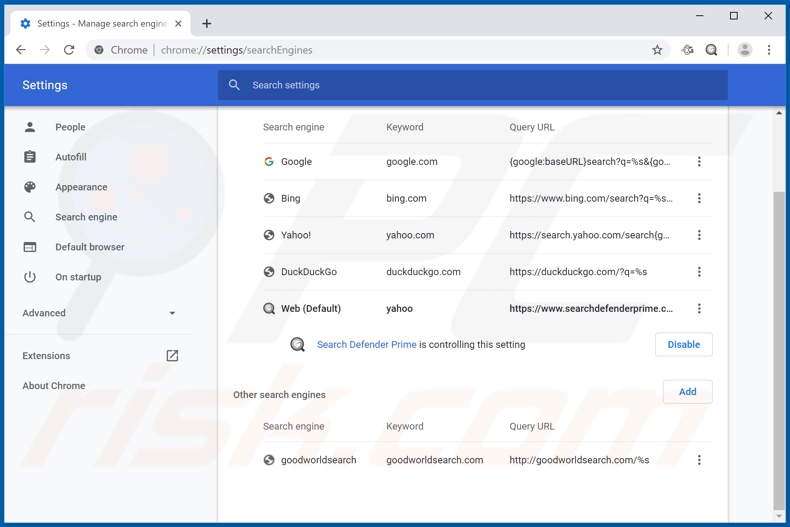 Removendo webgamerworld.com de motor de pesquisa padrão do Google Chrome