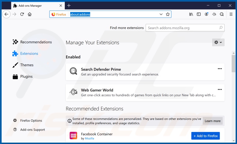 Removendo as extensões relacionadas a webgamerworld.com do Mozilla Firefox