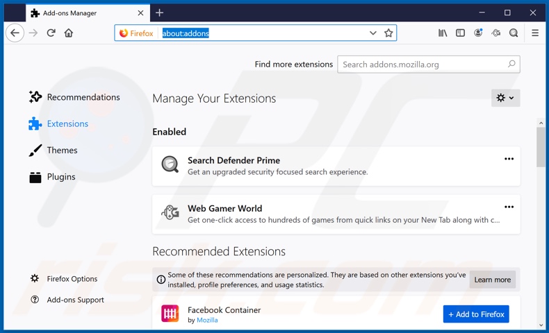 Removendo as extensões relacionadas a webgamerworld.com do Mozilla Firefox