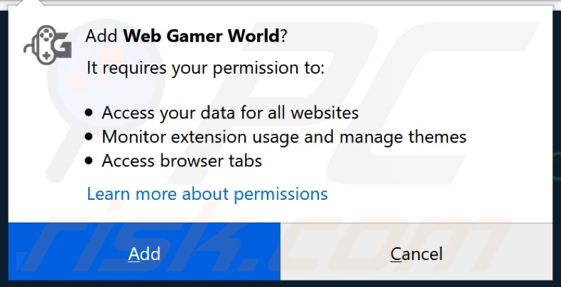 Web Gamer World a pedir permissões (Firefox)