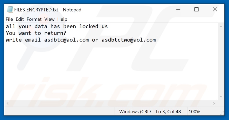 Ficheiro de texto do ransomware ASD (FILES ENCRYPTED.txt)
