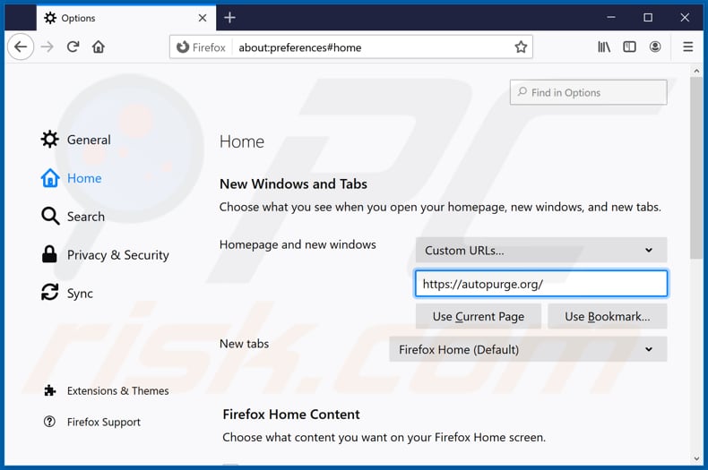Removendo o autopurge.org da página inicial do Mozilla Firefox