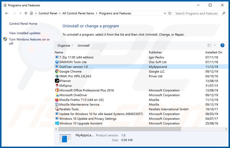 Desinstalação do adware DiskFixer através do painel de controlo