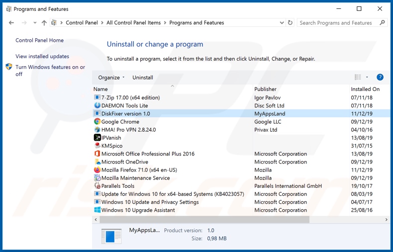 Desinstalação do adware DiskFixer através do painel de controlo