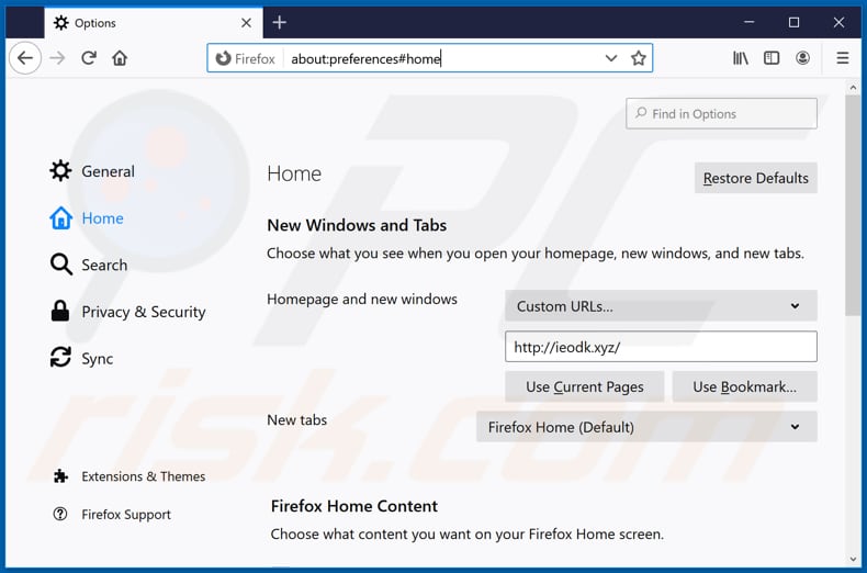 Removendo o ieodk.xyz da página inicial do Mozilla Firefox