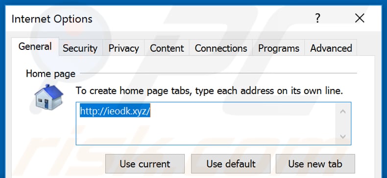Removendo ieodk.xyz da página inicial do Internet Explorer