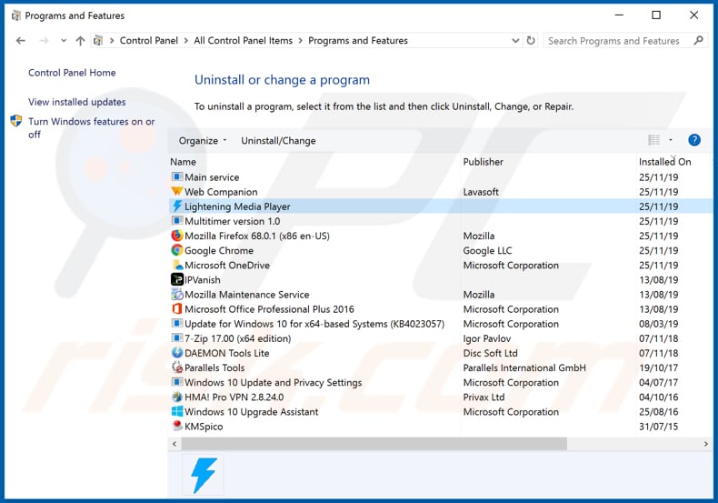 desisntalar o adware via Painel de Controlo Lightening Media Player