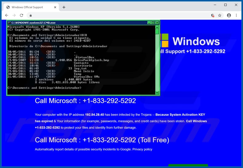 Janela falsa do Prompt de Comando da Microsoft Protected Your Computer